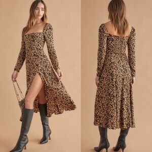 Reformation Sigmund Dress Leopard Print Square Neck Blitz High Slit Midi Size 6